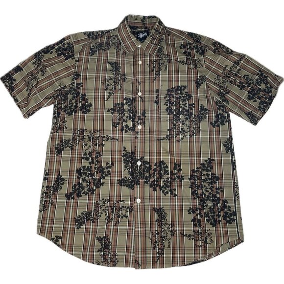 stussy short sleeve Button Down shirt plaid floral Tan Brown M Cotton - Picture 1 of 6